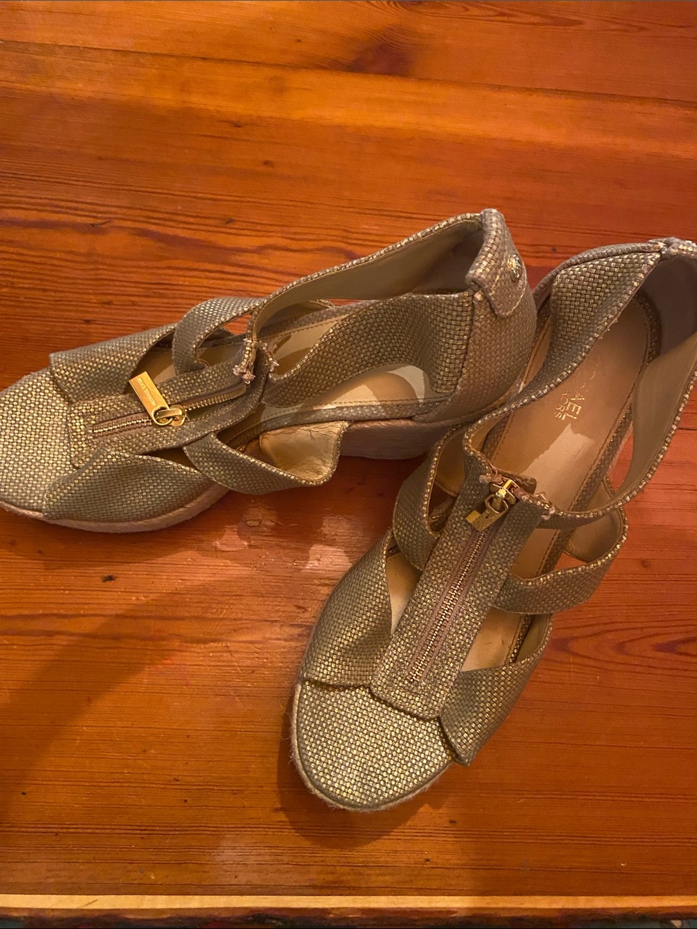 Michael Kors Gold Metallic T-Strap Wedge Sandals with Zip Accent